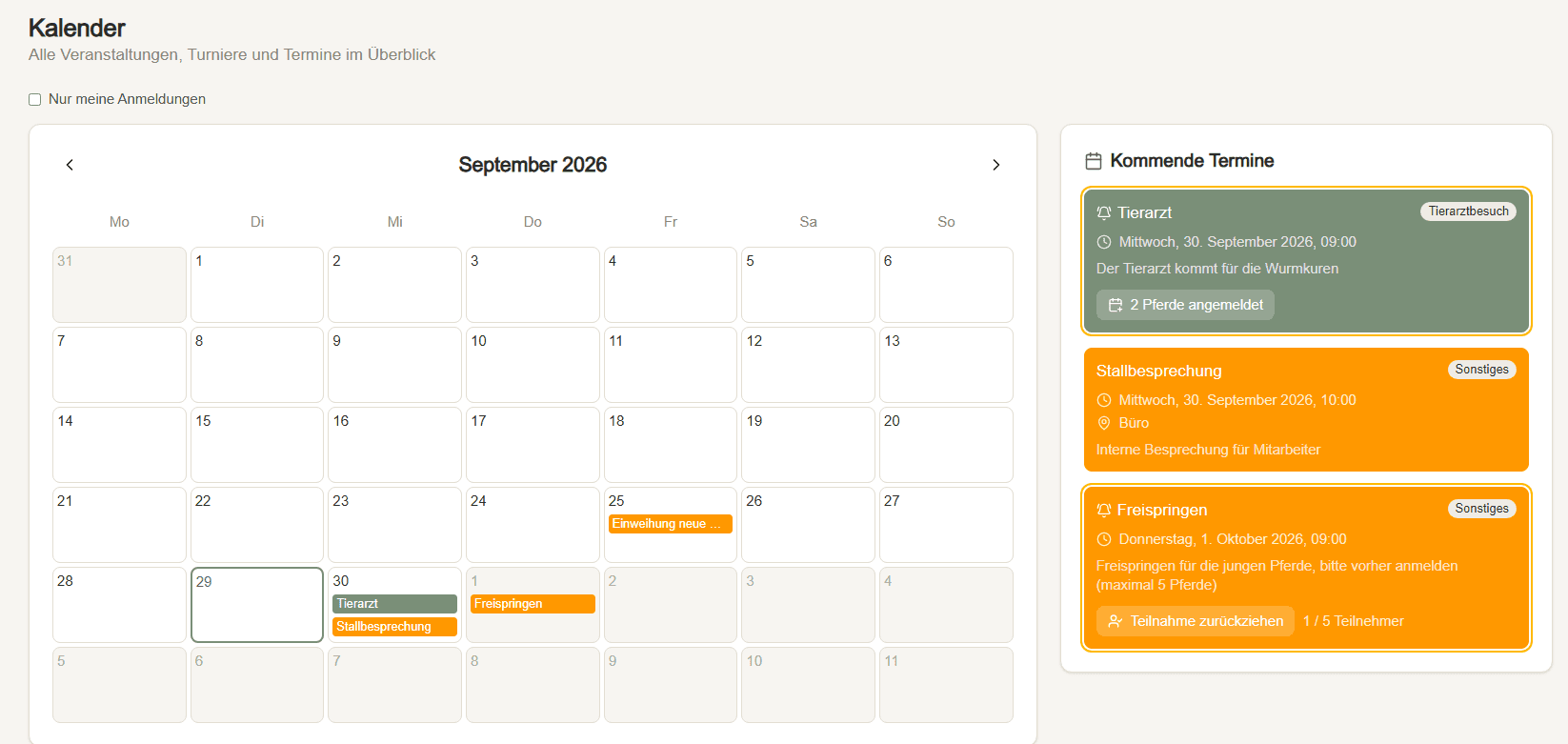Kalender mit Hofterminen und Anmeldungen